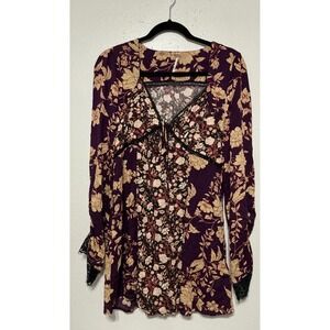 Free People Purple Floral Boho Tunic Lace Long Sleeve Cottagecore Romantic Flowy